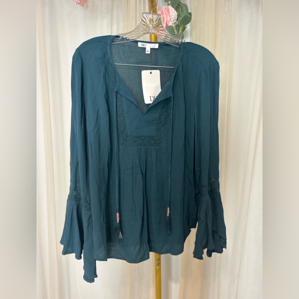 DR2 Teal Boho Lace Blouse Bell Sleeve NWT S